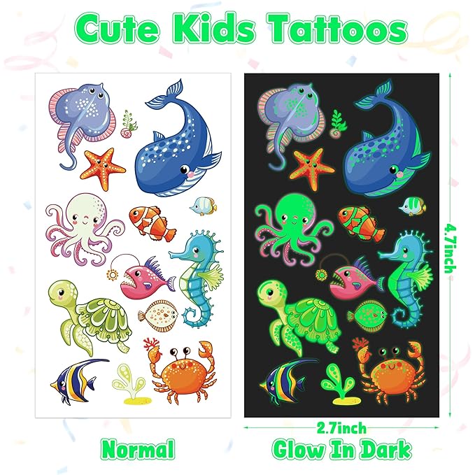 370 Patterns Party Favors, 36 Sheets Glow In Dark Stickers Luminous Temporary Tattoos, Waterproof Fake Tattoo Supplies Animal Dinosaur Mermaid Butterfly Stickers for Birthday Decorations