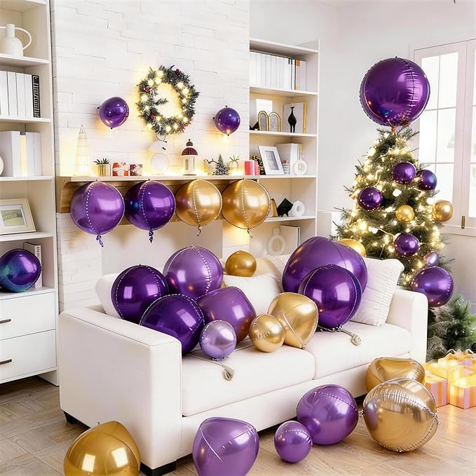 12Pcs Purple and Gold Round Balloons Foil, 22" 18" 15" 10" 4D Round Shaped Ball Balloon, Large Gold Dark Light Purple Metallic Balloons for Graduation Wedding Prom Birthday Party Decorations Backdrop