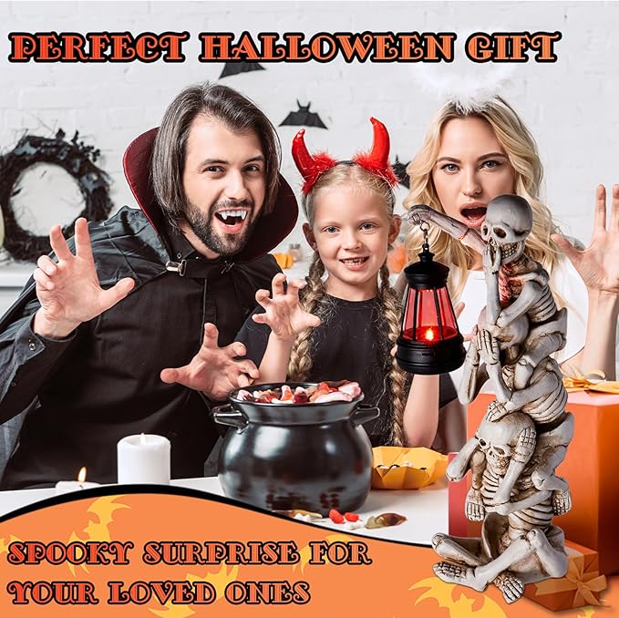 Halloween Skeleton Decor Triple Skeleton Halloween Decorations with Solar Red LED Lantern Outdoor Skeletons Figure for Yard Patio Lawn Garden