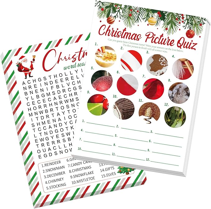 COCHIE 30 Players Christmas Party Games for Adults Family Office Large Groups, Xmas Parties Picture Quiz Game, Guesstures Game, Christmas Word Search Games with Answer Key (Xmas Search)