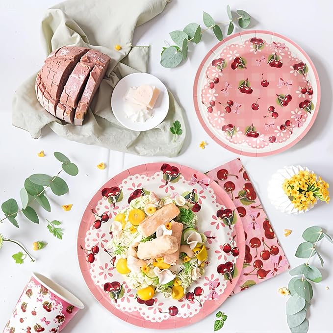 80pcs Cherry Party Plates Disposable Tableware Set Red Paper Plates for 20 Guests Kids Party Picnic Wedding Tea Party Table Supplies (Include Plates, Cups and Napkins)