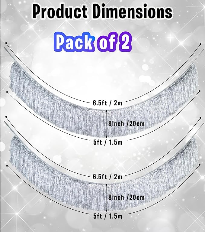 Premium Silver Fringe Tassel Banner for Party Decoration, 2 Packs of Fringe Tinsel Garlands, Thick Metallic Foil Silver Streamer for Birthday Wedding Bachelorette Holiday Event Hanging Decor