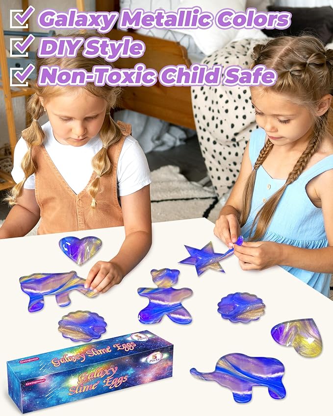 Greingways 5 Pack Prefilled Easter Eggs Galaxy Slime Toys, Teens Easters Basket Stuffers Egg Fillers, Easter Games Gift Party Favors Filled Egg for Kids Boys Girls Toddlers (Blue+Purple+Gold)