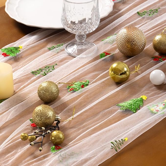 Socomi 3pcs Christmas Table Runner Tulle Gauze Cheesecloth Embroidery Sheer Table Runners for Winter Wedding Party Baby Shower Birthday Holiday Picnic Home Decor