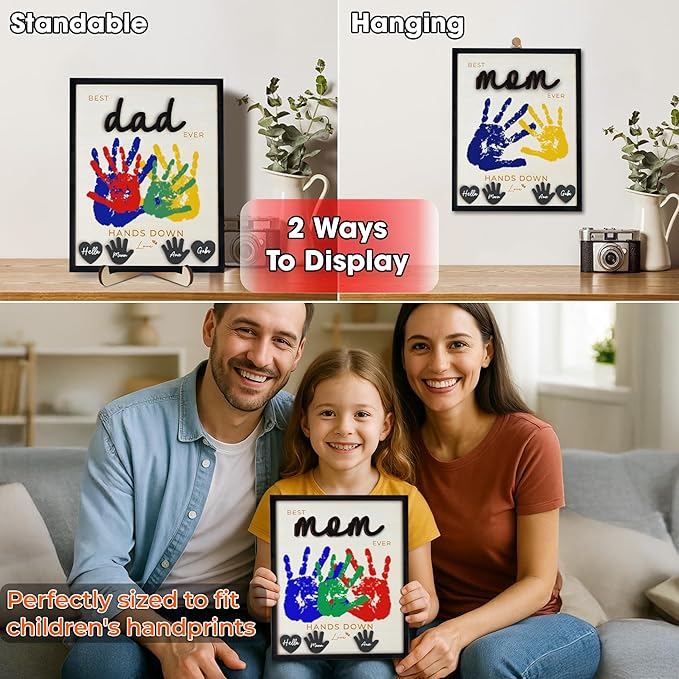 10" Hands Down Best Mom Ever DIY Handprint Kit with Acrylic Paints, Art Craft Family Keepsake Wood Frame Mom Keychain Birthday Gift Mother's Day for Mum, Family Memories Sign with Kids Names HF90-M