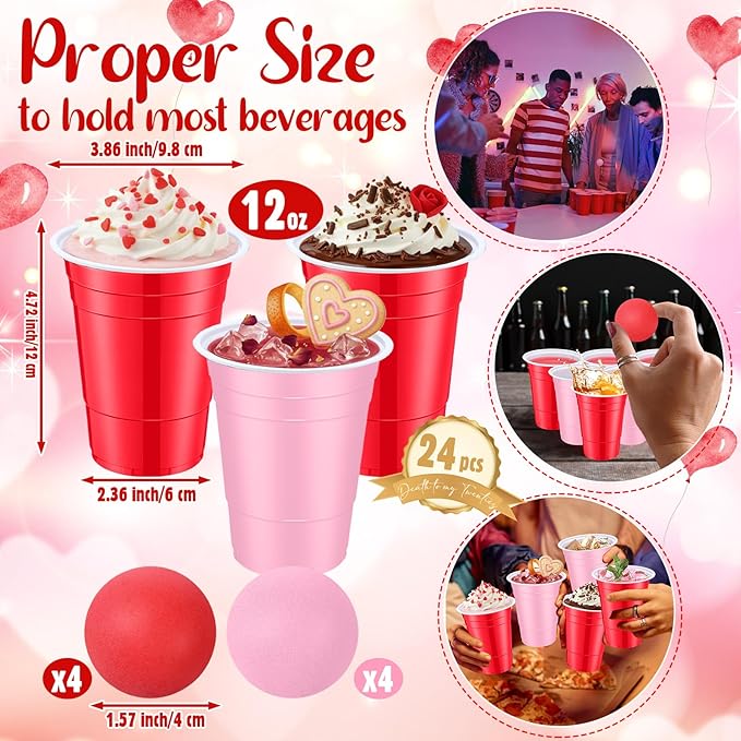 32 Pcs Party Game Set for Adult, Include 16oz Red Pink Plastic Cups with 8 Balls, Bachelor Party Disposable Cup Bulk for Summer Birthday, Anniversary, Wedding, Outdoor Toss Game Supplies
