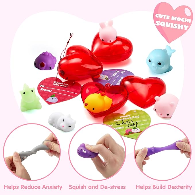 JOYIN 28 Packs Valentine Day Gift Cards with Mochi Squishy Toys and Filled Hearts for Kids Valentine Classroom Exchange, Kawaii Stress Relief Toys School Gifts Exchange, Games Prizes