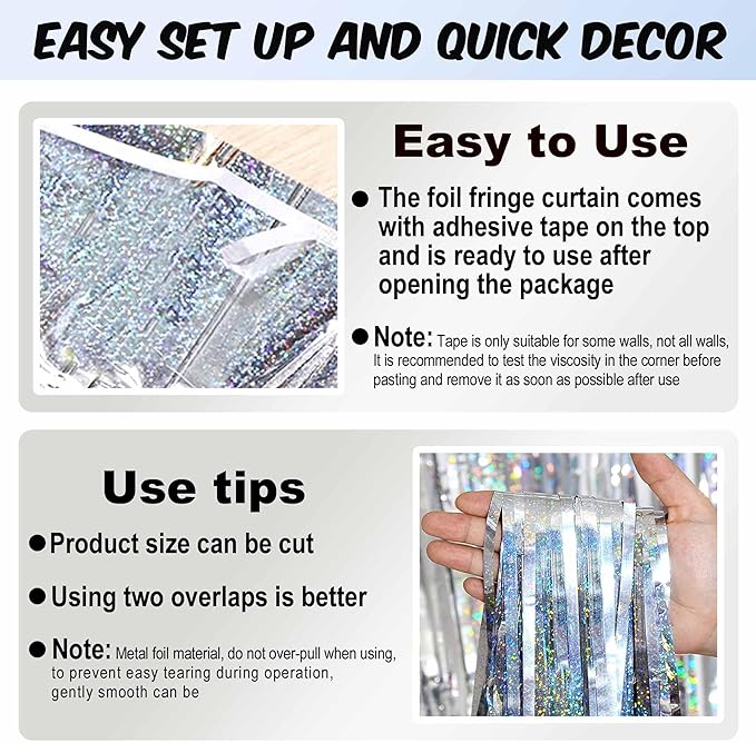 6 Pack Silver Foil Fringe Curtains Backdrop, 3.28 x 8.2 Ft Metallic Streamers Tinsel Curtains Background for Photo Booth, Birthday, Christmas, Halloween, Thanksgiving, New Year Party Decorations