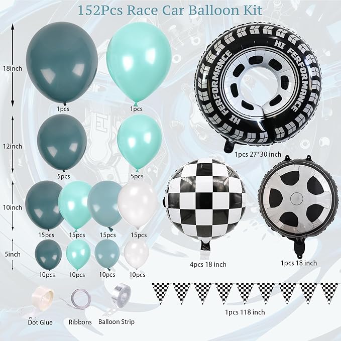 Race Car Balloon Arch Garland Kit 152Pcs Dusty/Peacock/Teal Blue and White Balloons with Wheel Checkered Foil Balloons and Checkered Flag Banner for Two Fast Birthday Party Decorations