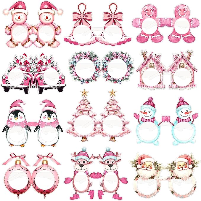 12PCS Christmas Glasses, Pink Christmas Party Paper Glasses Photo Booth Props Holiday Eyeglasses Frames for Xmas Party Supplies Decorations