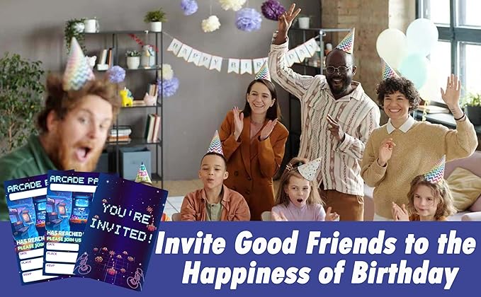 CLIRBE Arcard Games Birthday Party Invitations, Glow Neon Games Birthday Invitations For Brother Bro Teen Boys Girls, 20 Invites Cards With 20 Envelopes, Party Supplies Favors -H12