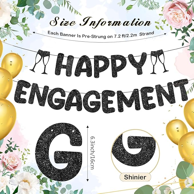 Breling Pre Strung Happy Engagement Banner Glitter Engagement Party Decorations for Congratulations Engaged Wedding Shower Signs Decor(Black)