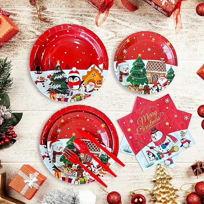 Christmas Party Decorations Dinnerware Set,225 PCS Xmas Party Decoration with Merry Christmas Plates and Napkins Cups Banner Tablecloth Balloons Backdrop for Holiday Party Supplies Serve 20