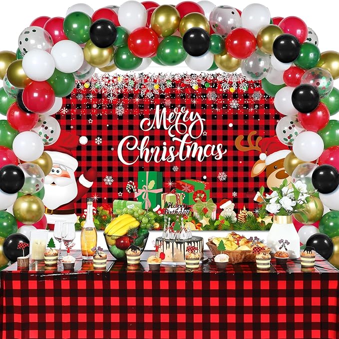 Christmas Party Decorations Set Includes Christmas Santa Claus Snowflakes Backdrop Table Covers Multi Color Balloons Foil Santa Claus and Deer Balloons for Xmas Party Supplies Favors (Plaid Style)