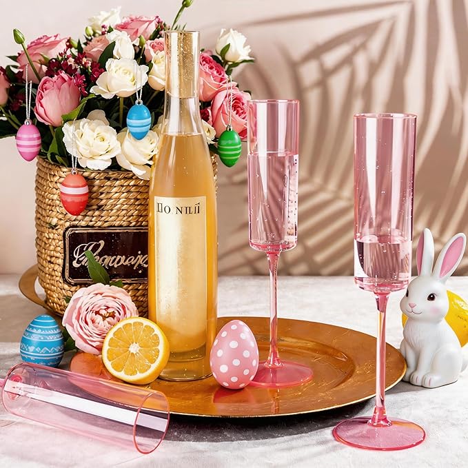 Ciaell 24 Pack Pink Plastic Champagne Flutes - Pink 6 Oz Disposable Champagne Glasses - Square Plastic Toasting Glasses for Party Birthday Anniversary Wedding & Easter