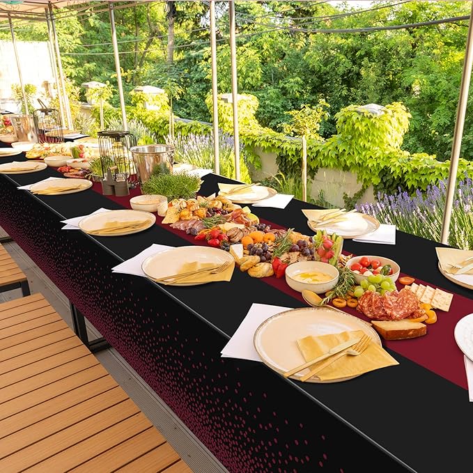 1Pcs Black and Maroon Tablecloth Party Decorations,Plastic Black Table Cloth Printed Maroon Table Runner Disposable Rectangle Table Cover for Birthday Wedding Graduation Anniversary Party,54x108Inch