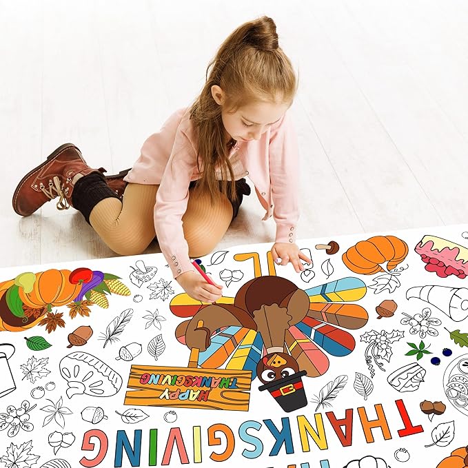 Thanksgiving Coloring Posters,Fall Turkey Coloring Paper Tablecloth for Thanksgiving Decorations Party Home Activity Supplies,30 x 72 Inch