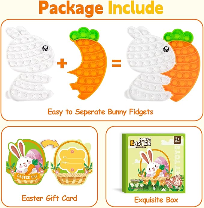 Easter Fidget Toys, Bunny Carrot Easter Basket Stuffers for Kids Toddler,Puzzle Bubble Sensory Popper Stress Relief Gifts Classroom Prizes for Girls Boys Teens,Party Favors Supplies Goodie Bag Filler