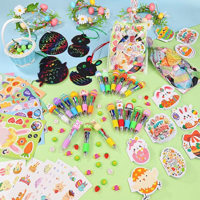 24 Pack Easter Party Favors Classroom Gifts Set with Classic Spring Designs for Teens, Easter Goodie Bags with Notebooks Pens Stickers Tattoos Scratch Art for Classroom Gifts Basket Stuffers