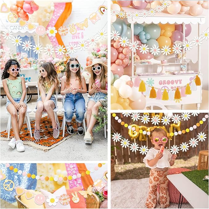 Groovy Party Decoration Garland 5Pcs, Groovy Hippie Banner Daisy Boho Tassel Garland Decor, Pre Strung Pom Pom Spring Party Supplies Hippie Party Decorations for Wall Window Home Room