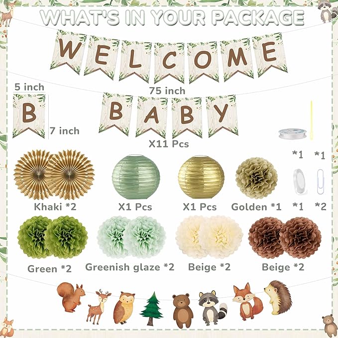 Kriyokiaa Woodland Baby Shower Decorations 15 Pcs Baby Shower Decorations with Welcome Baby Banners Paper Lantern Paper Flower Pom Poms Perfect for Indoor & Outdoor Celebrations