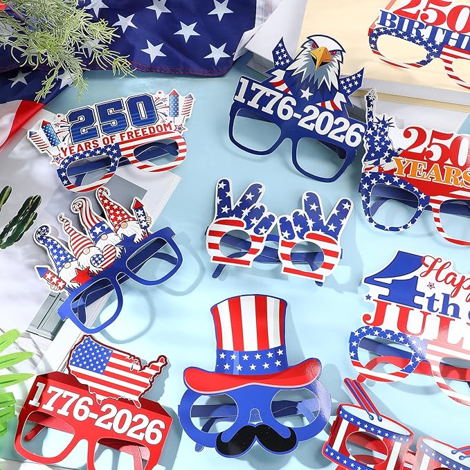 Pajean 32 Pcs 250th USA Patriotic Party Decorations Eyeglasses 250th Anniversary Themed Paper Glasses Supplies USA Patriotic Photo Booth Props Frame for Independence Day Memorial Decor Favors Supplies