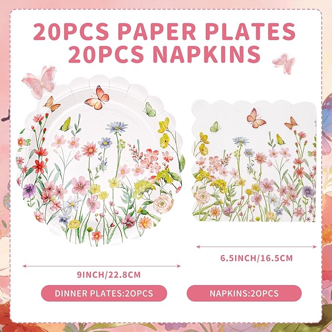 Wildflower Party Plates and Napkins Set - 40 Pcs Spring Disposable Tableware for 20 Guests, 9 Inch Floral Paper Plates & Butterfly Napkins for Baby Shower, Garden Party & Birthday Decorations