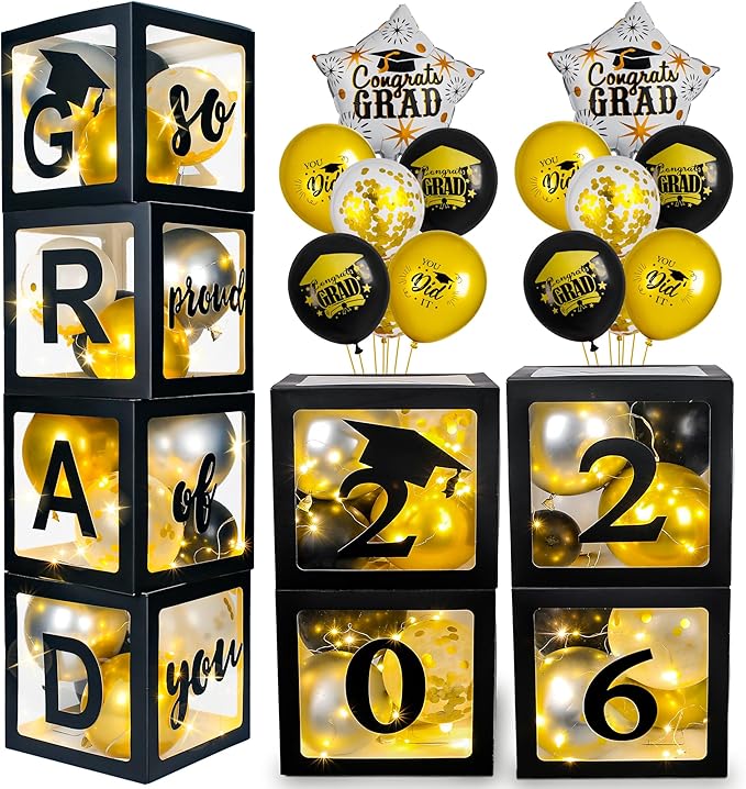AYGXU Graduation Decorations 2026-Graduation Party Decorations,Graduation Balloons Boxes(4PCS) with LED Light Strings & Letters 2026 GRAD So Proud of You,Party Favors For Any Grades Class.