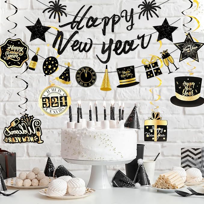 New Year Party Decorations 2026 New Years Eve Decorations Kit Black Gold Nye Decorations Happy New Year Banner New Years Eve Party Supplies 2026