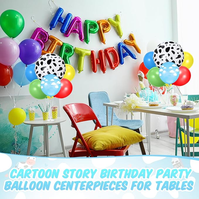 2 Sets Cartoon Birthday Party Decorations Table Centerpiece Red Yellow Blue Green Balloon Stand Kit with Cloud Cow Print Foil and Latex Balloon for Baby Shower Farm Animals Wedding Supplies