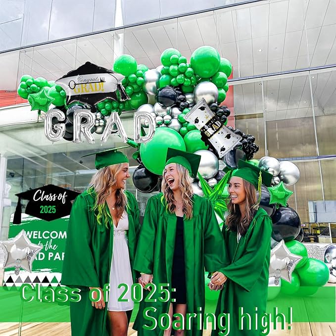 Black green and Silver Balloon Garland Arch Kit 130+ Pieces with green and Silver Stars, Graduation Certificate Graduation Cap GRAD Letters Mylar Balloons for 2025 Graduation Prom Decorations