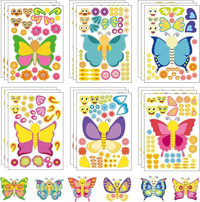 24 Sheets Butterfly Make a Face Sticker Sheets for Kids Todders Activities, Make Your Own Stickers for Kids Birthday Party Favor Supplies Craft