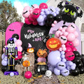 Halloween Balloons Garland Arch Kit, Macaron Pink Purple Balloons with Skeleton Guard Pumpkin Bat Foil Balloon, Black Hot Pink Halloween Balloon with 3D Fake Bats For Party Home Garden Decorations