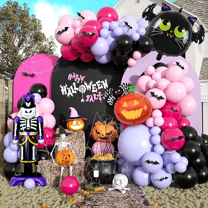 Halloween Balloons Garland Arch Kit, Macaron Pink Purple Balloons with Skeleton Guard Pumpkin Bat Foil Balloon, Black Hot Pink Halloween Balloon with 3D Fake Bats For Party Home Garden Decorations