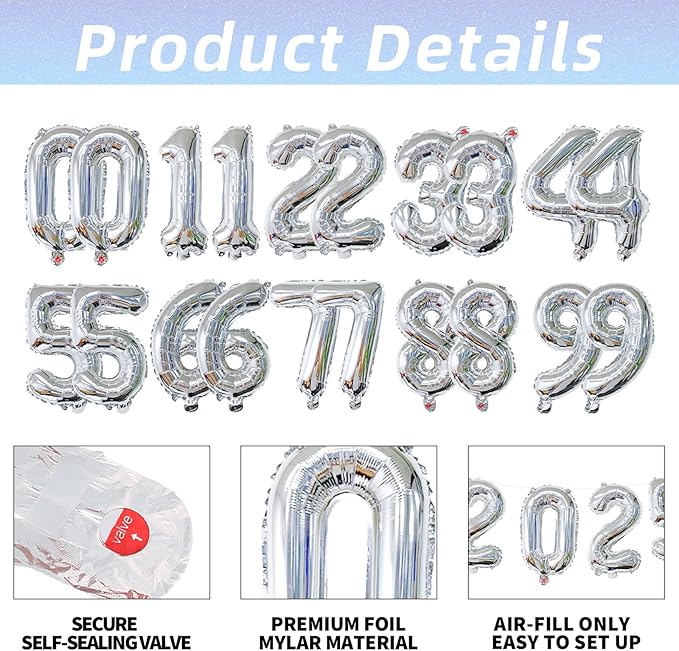 20 Pieces 2 Sets of 16 Inch Silver Number 0-9 Balloons – Foil Mylar Balloons for Custom Number Decorations, Birthday, Anniversary, Graduation, New Year, and DIY Party Decor