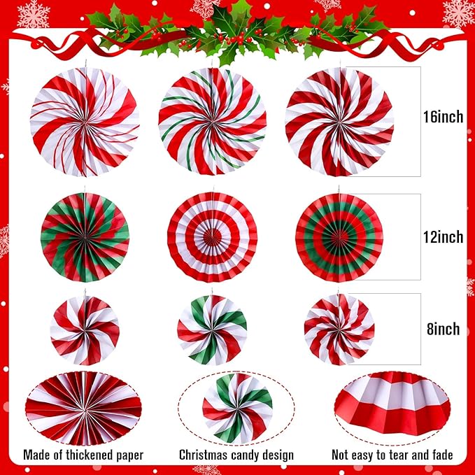 Outus 25 Pcs Christmas Party Decorations Supplies Merry Christmas Party Banner Red Green White Xmas Paper Fans Flower Pom Poms Hanging Swirls Pennant Circle Dots Garland for Xmas Birthday Decor