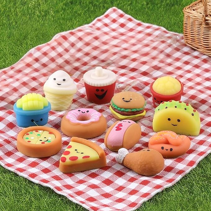 Anboor Mini Food Squishies Toys - 12 Pack Soft Kawaii Fast Food Squeeze Stress Relief Sensory Toys for Kids, Mini Junk Foods Fidget Toys for Party Favors Goodie Bag Fillers
