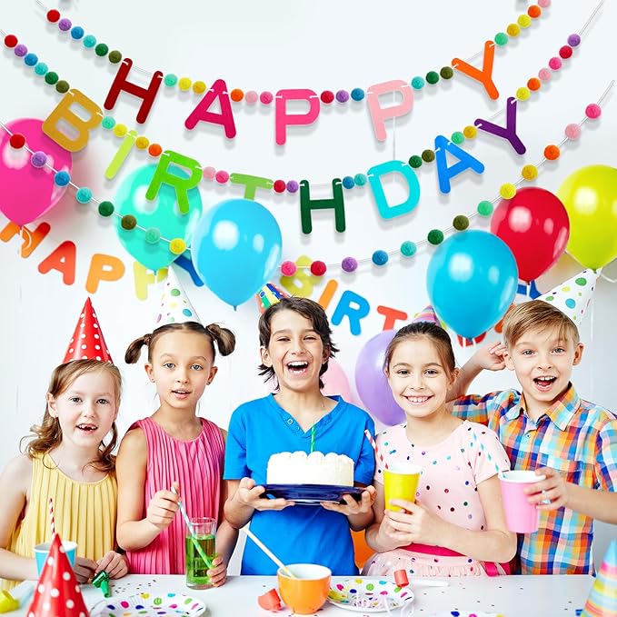 Breling 3 Pieces Happy Birthday Felt Garlands 10ft Colorful Pompom Ball Garland Birthday Party Decorations for Wall, Mantle Fireplace, Hanging Decor