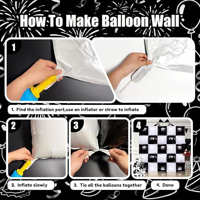 36PCS Square Foil Balloon Wall Backdrop,19 inch Double-Sided Metallic Balloons for Party,Wedding,Anniversary,Birthday,Graduation,Halloween,Shiny Balloon Decor (Black&White)