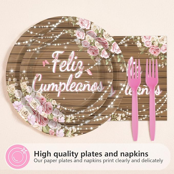 96Pcs Pink Feliz Cumpleaños Party Decorations Pink Wooden Floral Plates and Napkins Mexican Fiesta Birthday Tableware Set for Girls Women Mother's Day Mexico Spanish Birthday Party Supplies, Serves 24