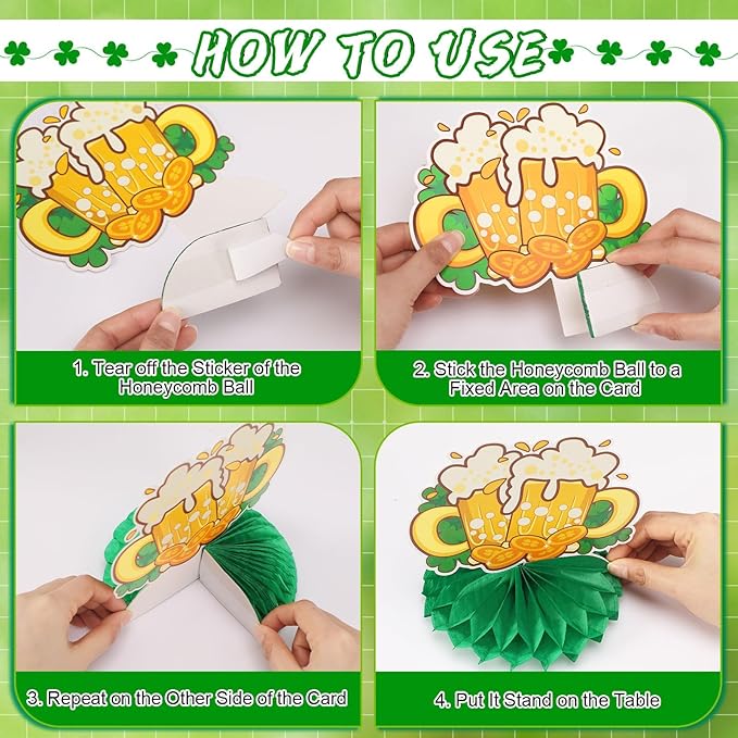 JULMELON St. Patrick's Day Table Decorations Honeycomb Centerpiece, 8pcs Shamrock Leprechaun Lucky Gold Coin Table Topper Irish Party Home Decor