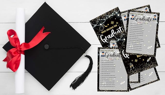 Graduation Party Games - Who Knows The Graduate Best Cards - Graduation Party Decorations 2024 - Gold & Black Grad Celebrations Party Supplies for High School/College - 30 Game Cards(H01)