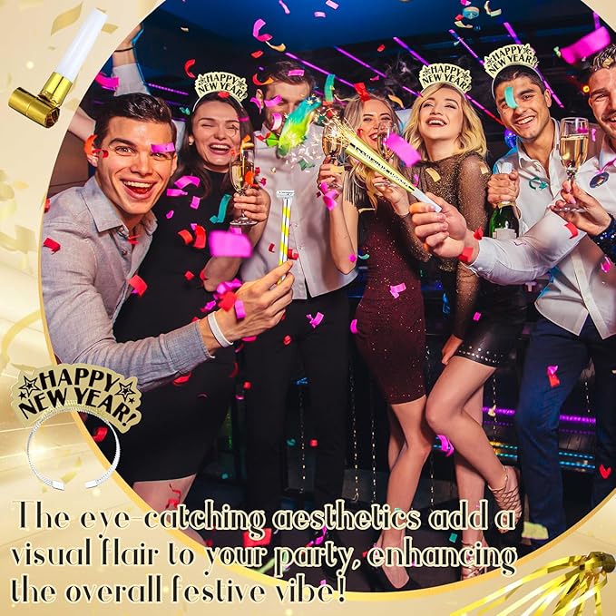 Lenwen 18 Pcs Happy New Years Eve Party Supplies New Year Noise Makers Headband Tiara Party Horn Blowers Whistles Fringed Noisemaker Novelty Favors for Adult Decoration(Gold)