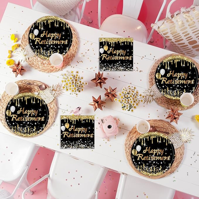40PCS Retirement Party Plates Napkins Set, Black and Gold Happy Retirement Cake Plates Dinnerware 20 Guests Disposable Party Supplies Decoration for Women Men