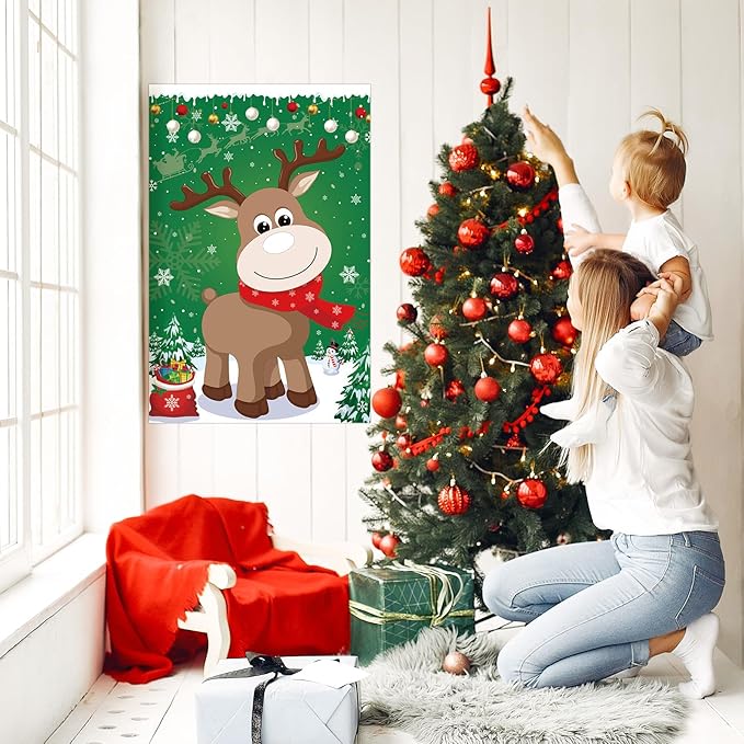 Pin The Nose on The Reindeer with 54PCS Red Nose for Kids Family Pin The Nose on The Reindeer Games, Large Christmas Reindeer Poster Games for Kids Christmas Party Games