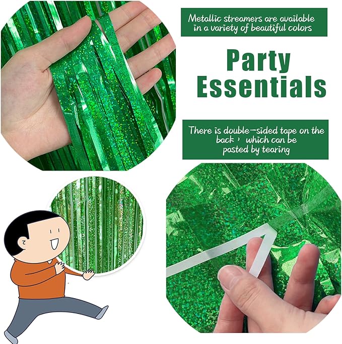 3 Pack Green Streamers Backdrop Jungle Party Decorations Foil Fringe Backdrop Curtains Photo Booth Backdrop for Birthday Dinosaur Animal St Patricks Day Football Christmas Party Decorations