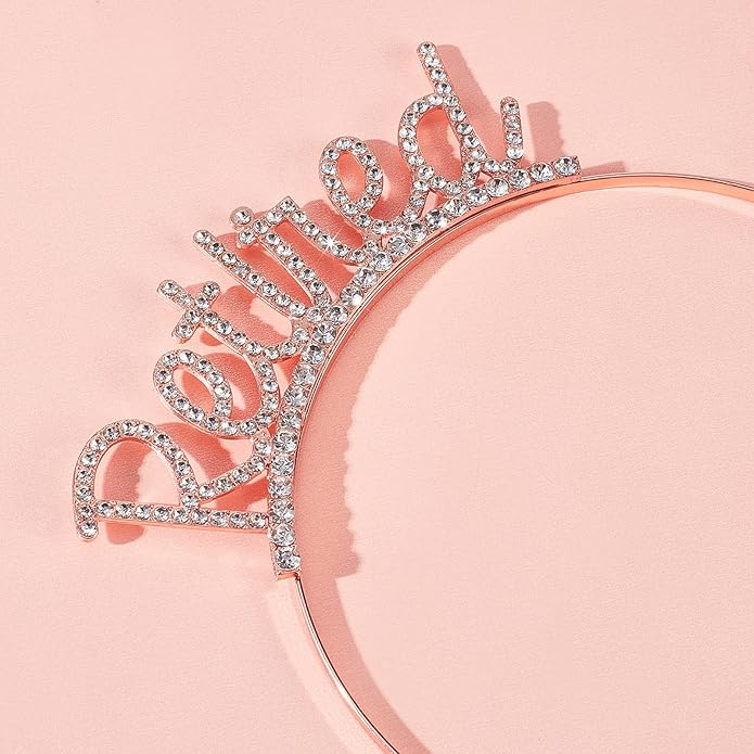NNICENEEDED Retirement Crown and Sash Set, Rose Gold Sparkling Tiara with Pink Satin Belt for Retired Women, Perfect Party Decorations and Gifts