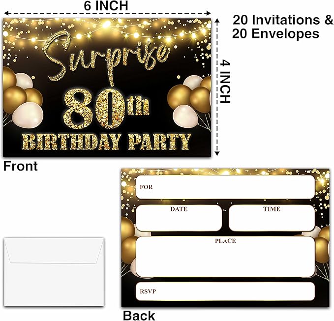 YSTEP 80th Birthday Party Invitations, 20 Black Gold Invite Cards with Envelopes, 4"x6" Foil Balloon Birthday Invites - B15