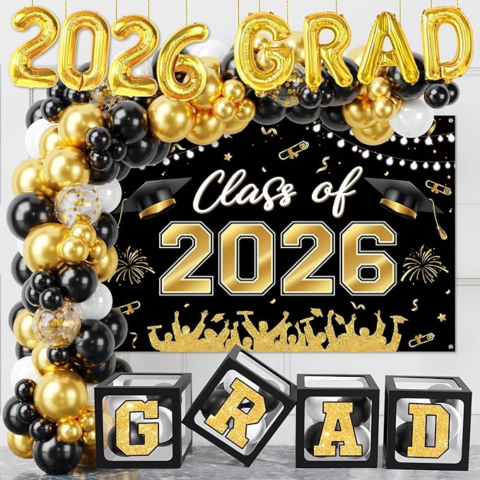 Graduation Decorations Class of 2026-123pcs Black Gold Graduation Party Decorations include Balloon Boxes with Letters, Balloon Arch Kit and Backdrop for 2026 Grad Party Supplies