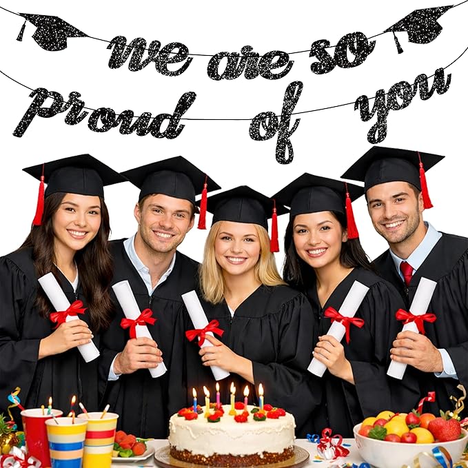 Graduation Decorations 2026 | Class of 2026 Graduation Banner, Black Glitter We are So Proud of You Grad Banner for Graduations Party Decorations Favors Supplies School Home Car Decorations